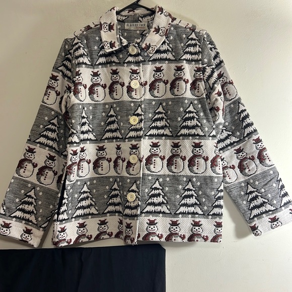 BEDFORD FAIR LIFESTYLES WINTER SCENE EVERGREEN SNOWMAN JACKET SIZE LARGE - Picture 1 of 9